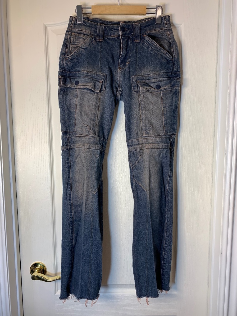 Free People We The Free Cargo Jeans Size 27 Mid Rise Bootcut Raw Hem Y2KStyle